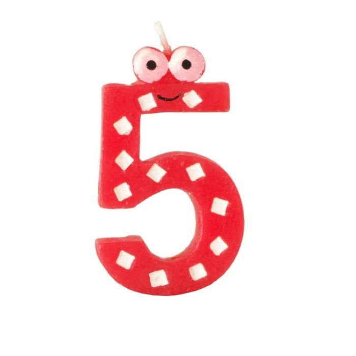 Jubilejas svecīte - cipariņš 5 h-9cm ar acīm dažādas kr.