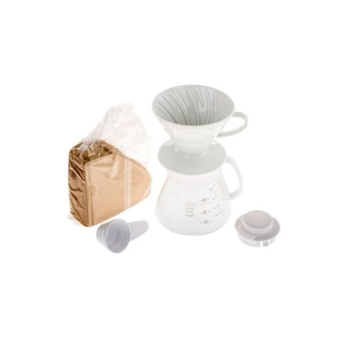Hario V60-02 keramikas fltra komplekts, balts (filtrs + servants, 600 ml)